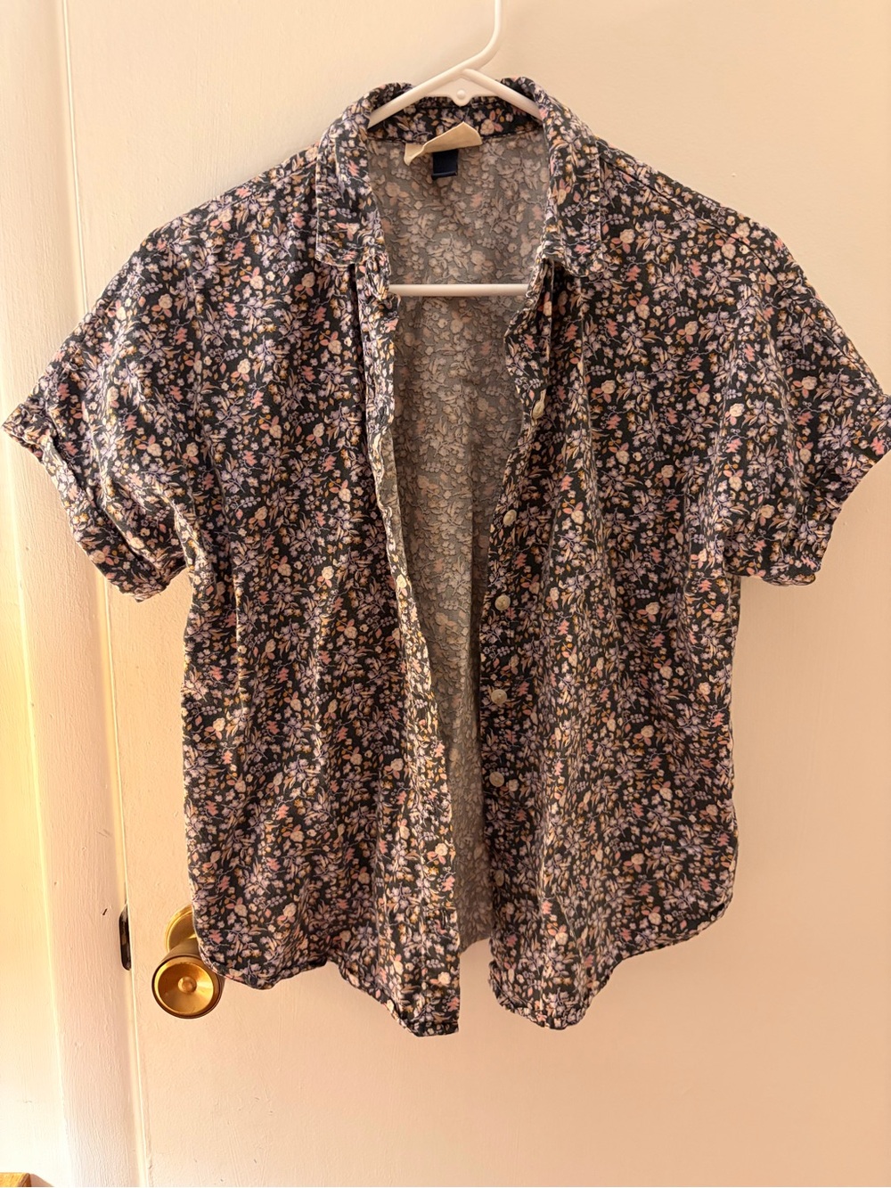 Floral Short Sleeve Button-Up Shirt — black Background with Pink & Cream Flowers